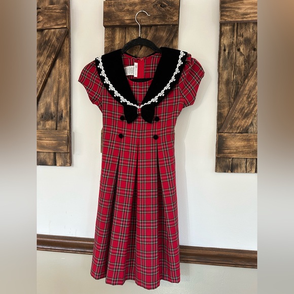 Vintage Bonnie Jean Girls Size 7 Red Plaid Velvet Dress Holiday Christmas - Picture 1 of 5